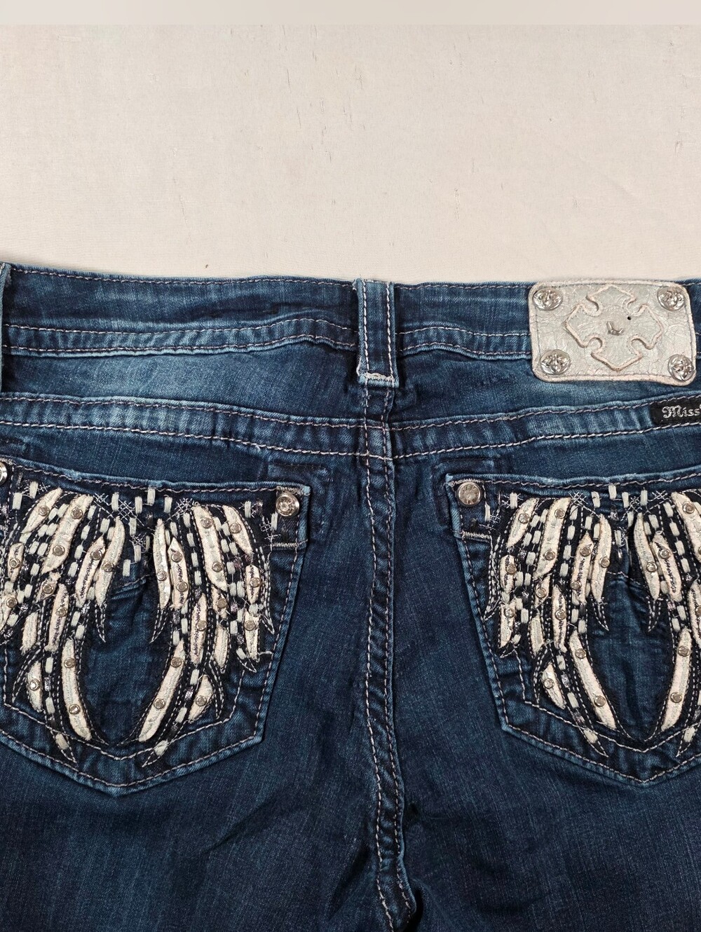 Miss Me Angel Wing Jeans Mid Rise Easy Boot Dark Wash Sequins Bling Women 32x33
